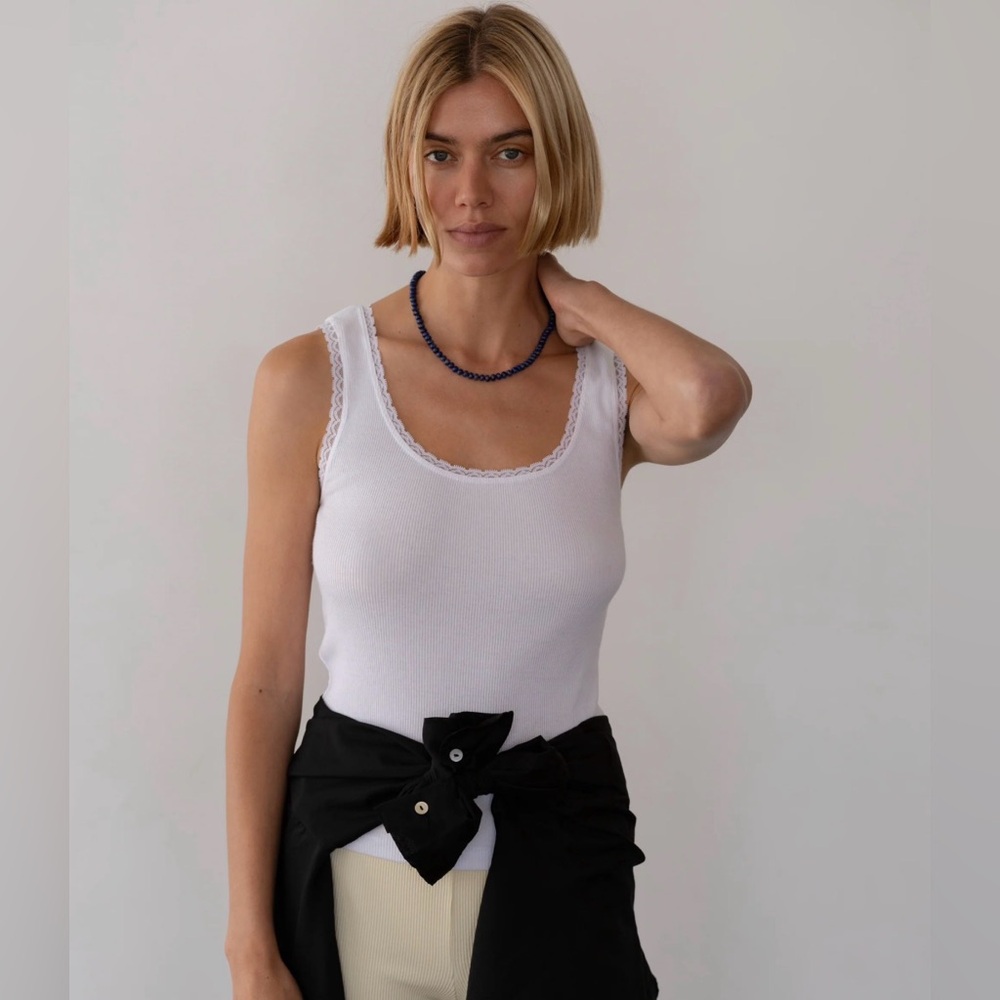 Donni ribbed vintage lace cotton tank top white L large